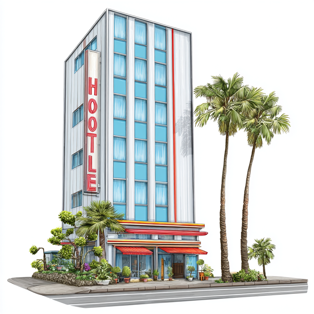 Beach hotel with palm trees and blue sky colorf, hotel clipart