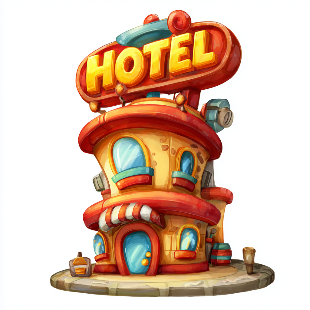Colorful hotel building with sign and windows, hotel clipart