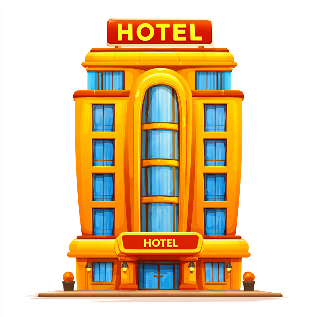 Colorful hotel building with sign and windows, hotel clipart
