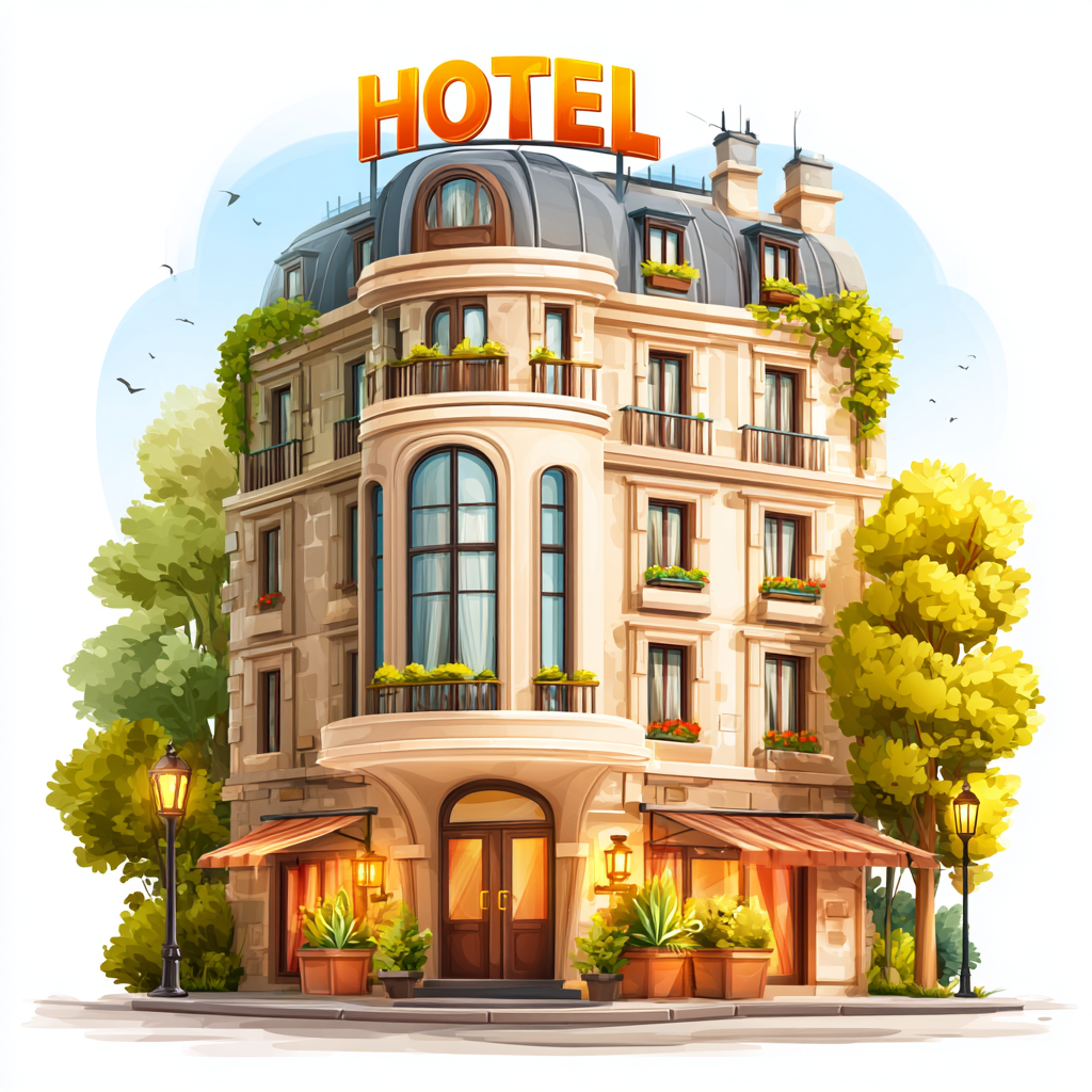 Colorful hotel building with sign and windows, hotel clipart