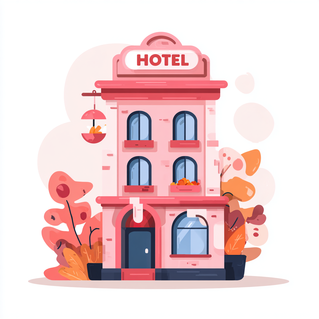 Colorful hotel building with sign and windows, hotel clipart