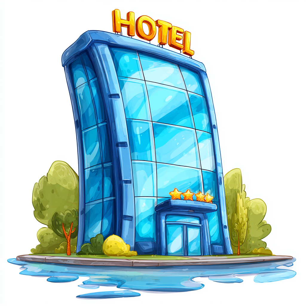 Colorful hotel building with sign many windows, hotel clipart