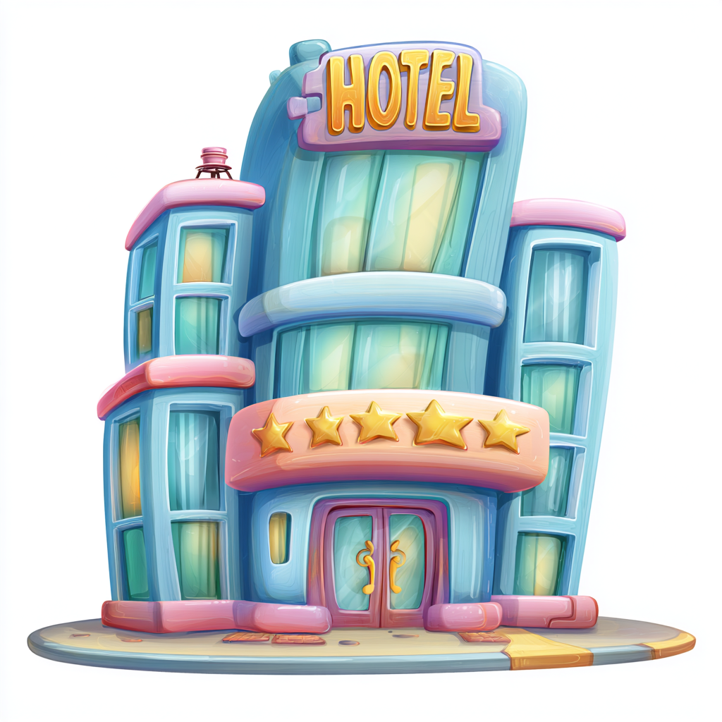 Colorful hotel building with sign many windows, hotel clipart