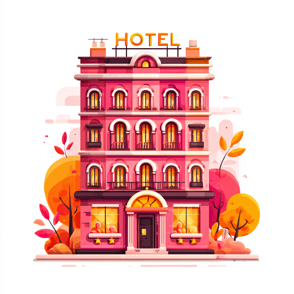 Colorful hotel building with sign many windows, hotel clipart