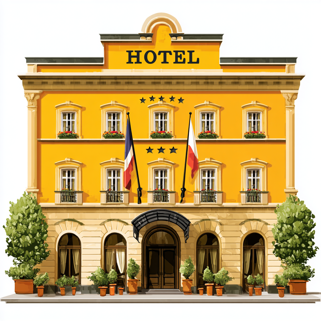 Colorful hotel building with sign many windows, hotel clipart