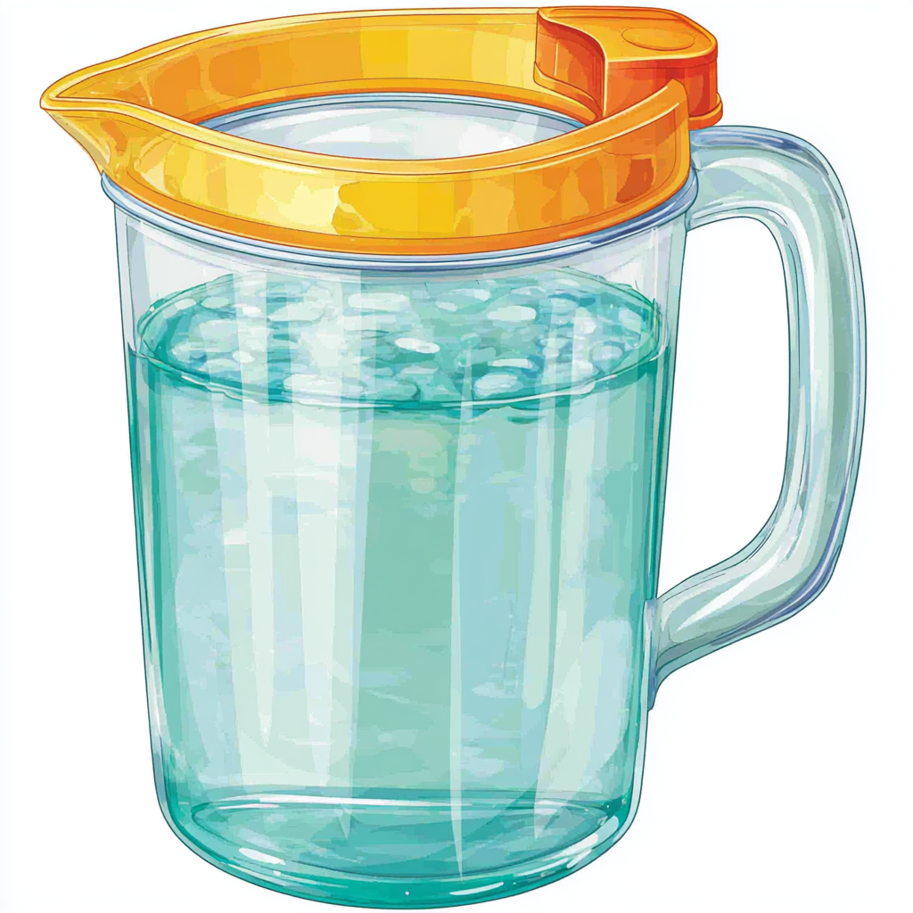 Turquoise water jug with yellow rim and orange ha, jug clipart