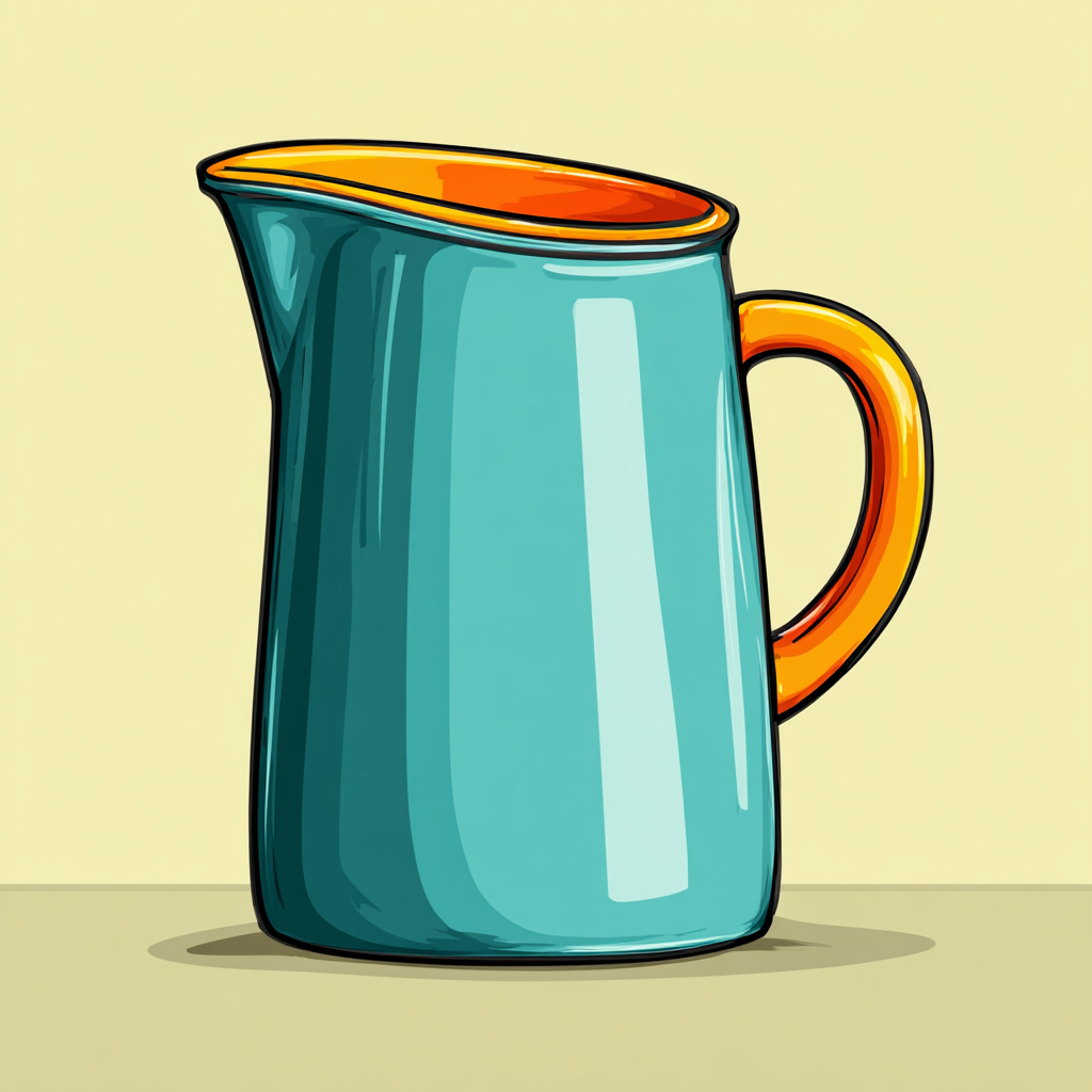 Turquoise water jug with yellow rim and orange ha, jug clipart