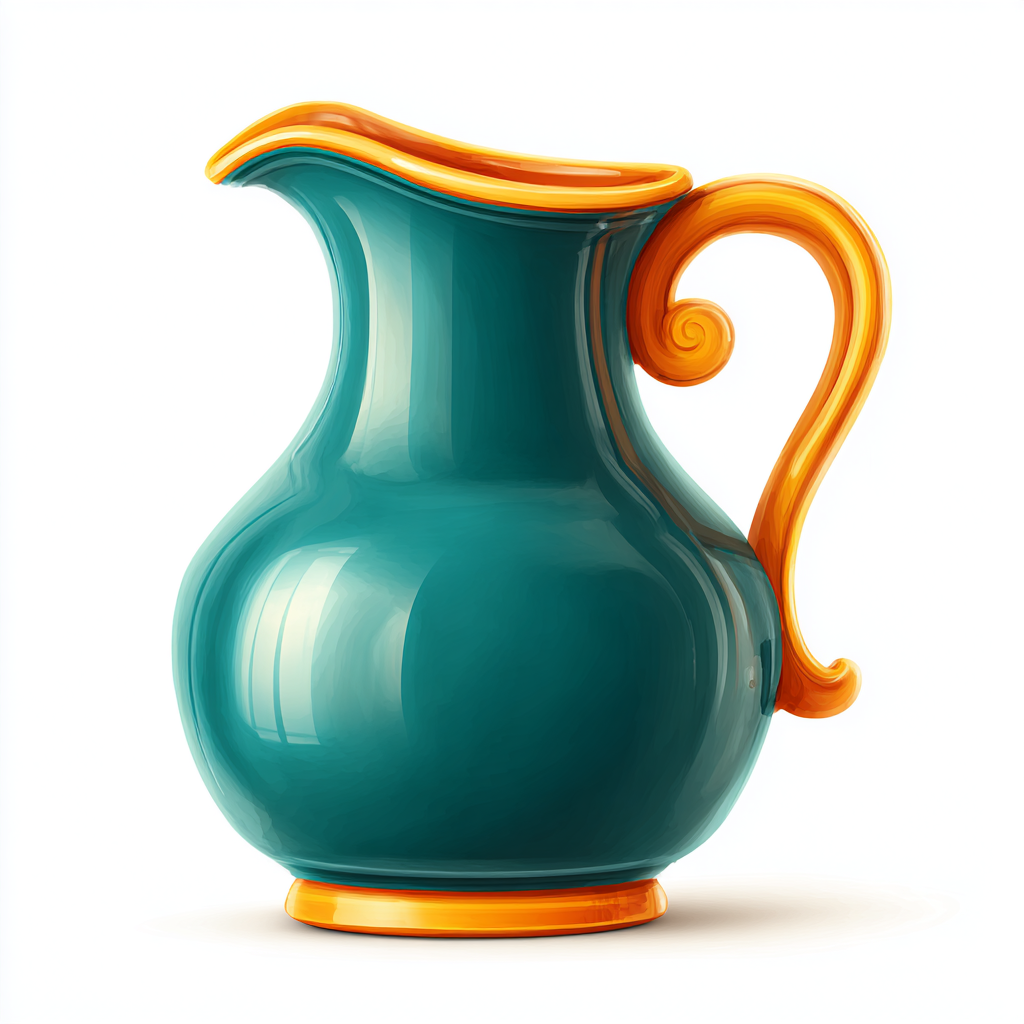 Turquoise water jug with yellow rim and orange ha, jug clipart