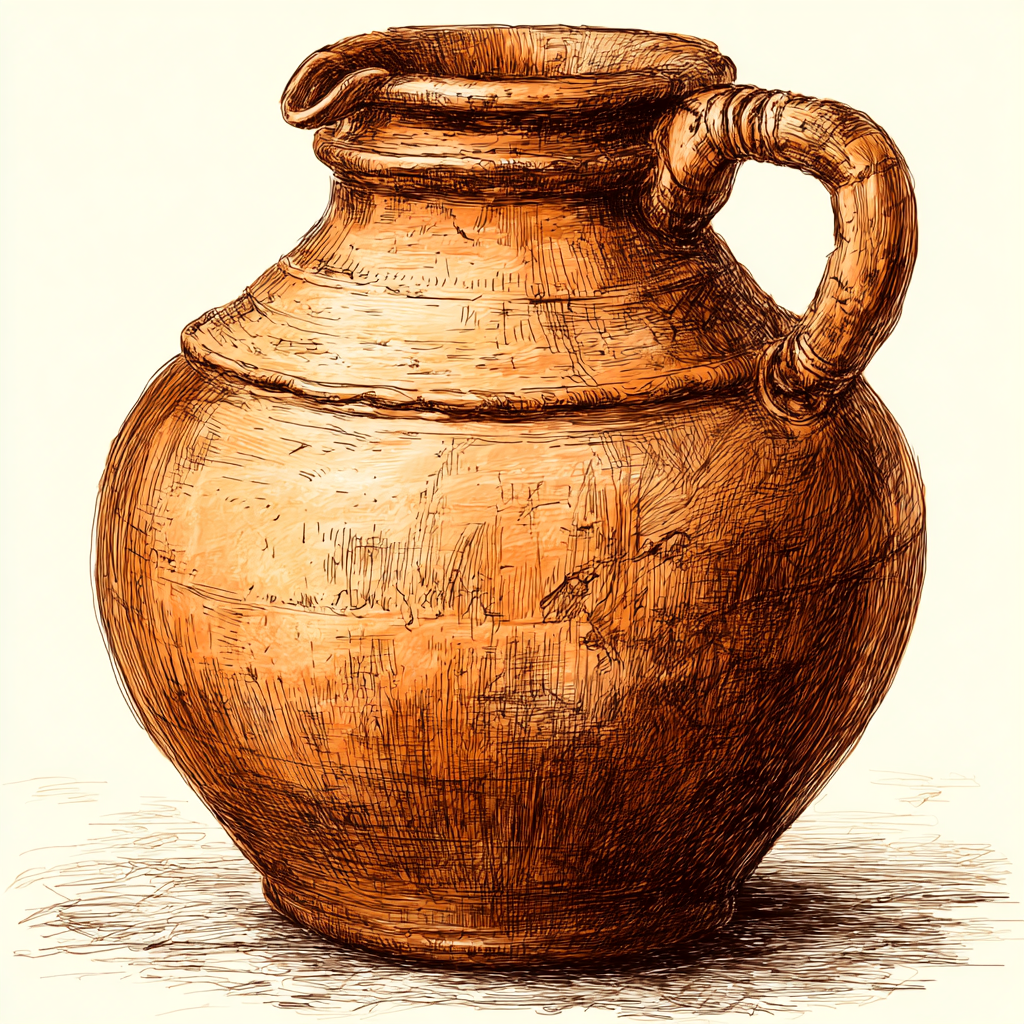 Vintage clay jug with handle rustic ceramic pitch, jug clipart