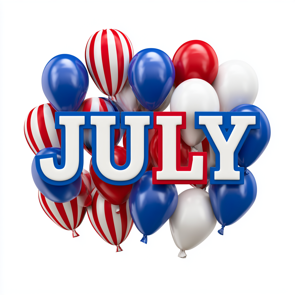 July word art with red white and blue balloons, july clipart
