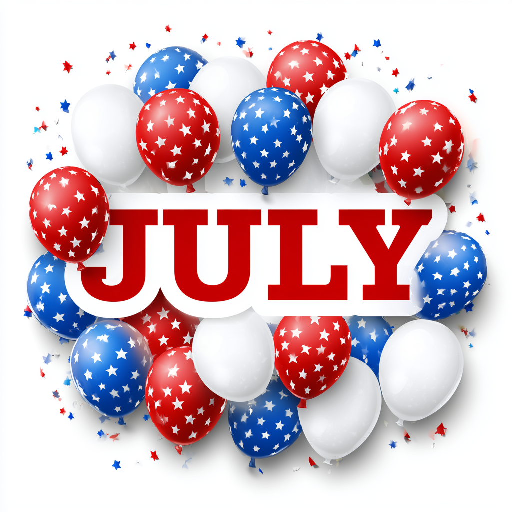 July word art with red white and blue balloons c 0 v1, july clipart