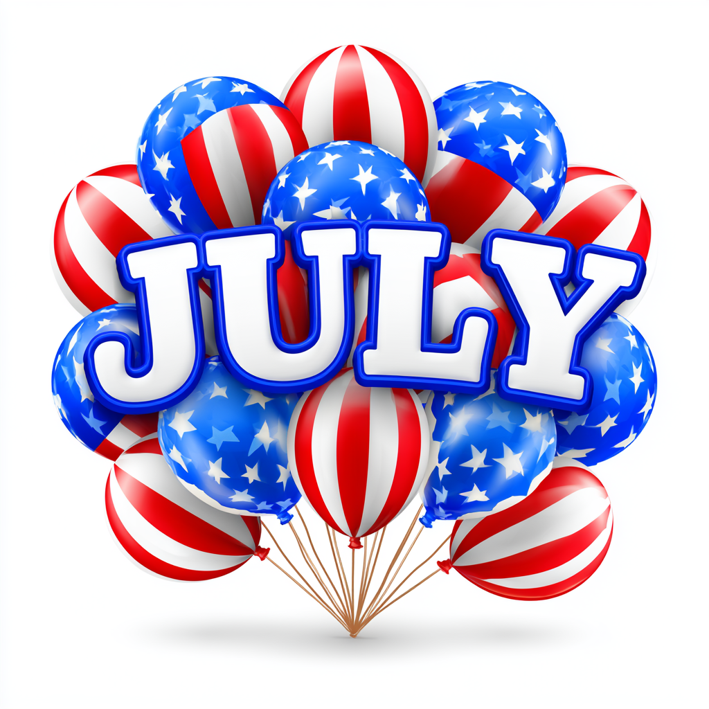 July word art with red white and blue balloons, july clipart