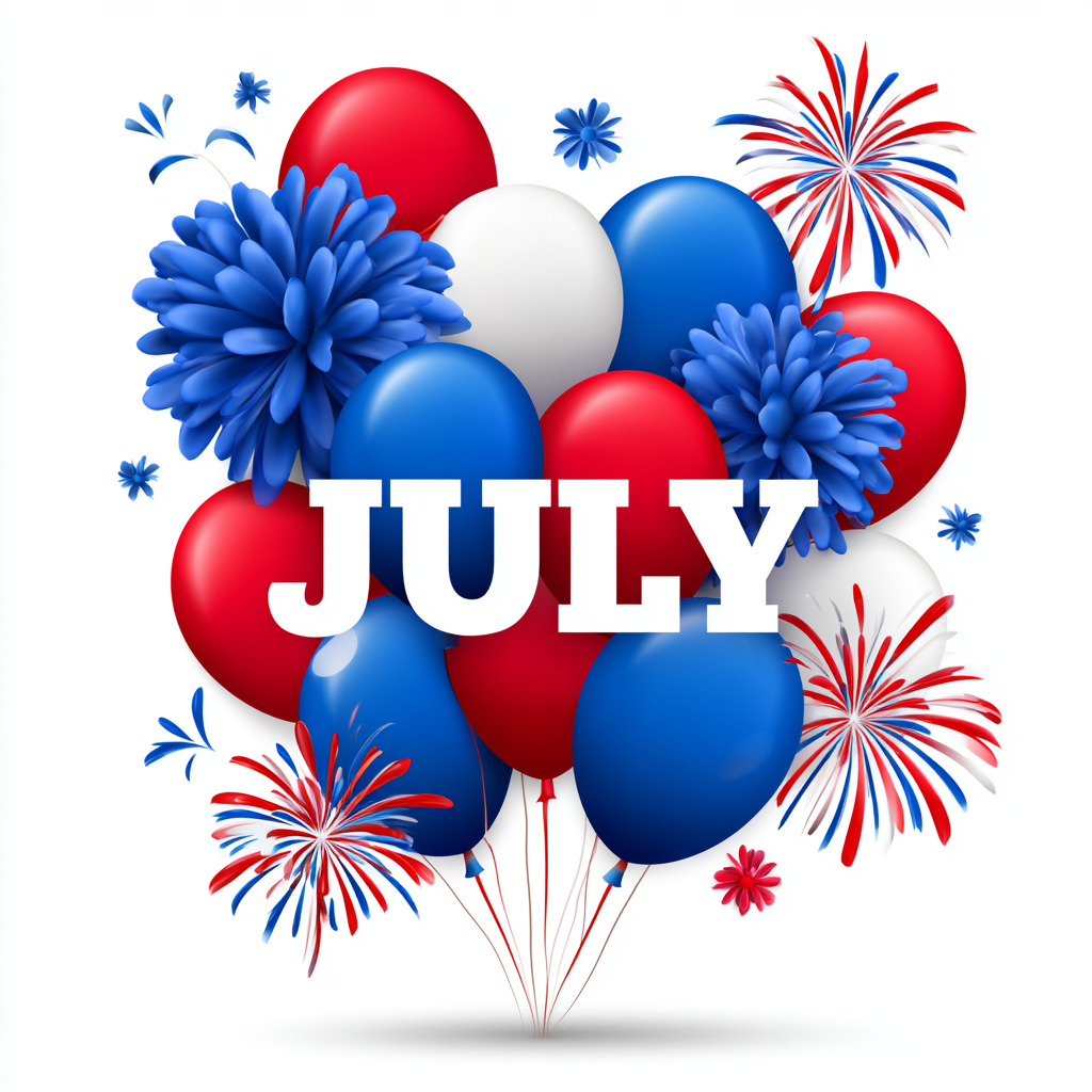 July word art with red white and blue balloons c 1 v1, july clipart