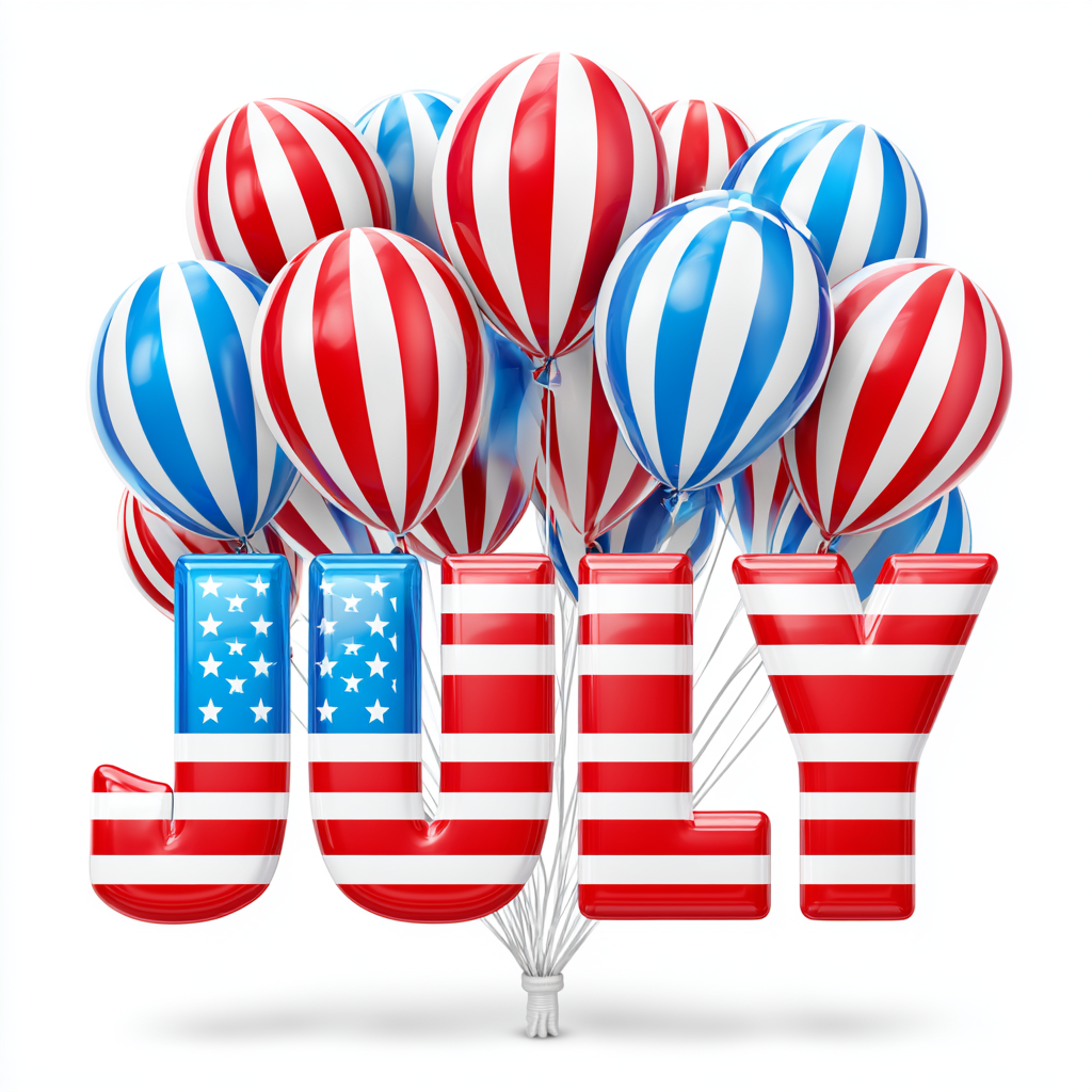 July word art with red white and blue balloons, july clipart