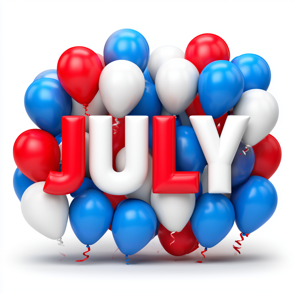 July word art with red white and blue balloons c 2 v1, july clipart