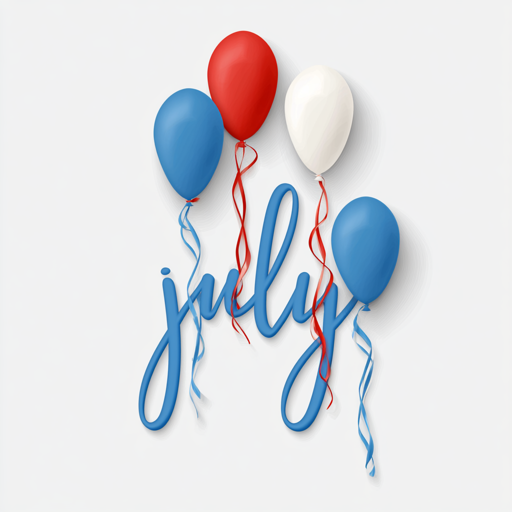 July word art with red white and blue balloons, july clipart
