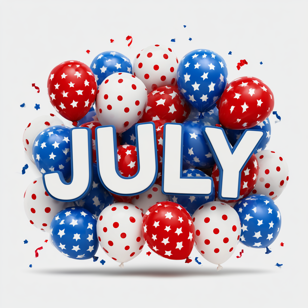 July word art with red white and blue balloons c 3 v1, july clipart