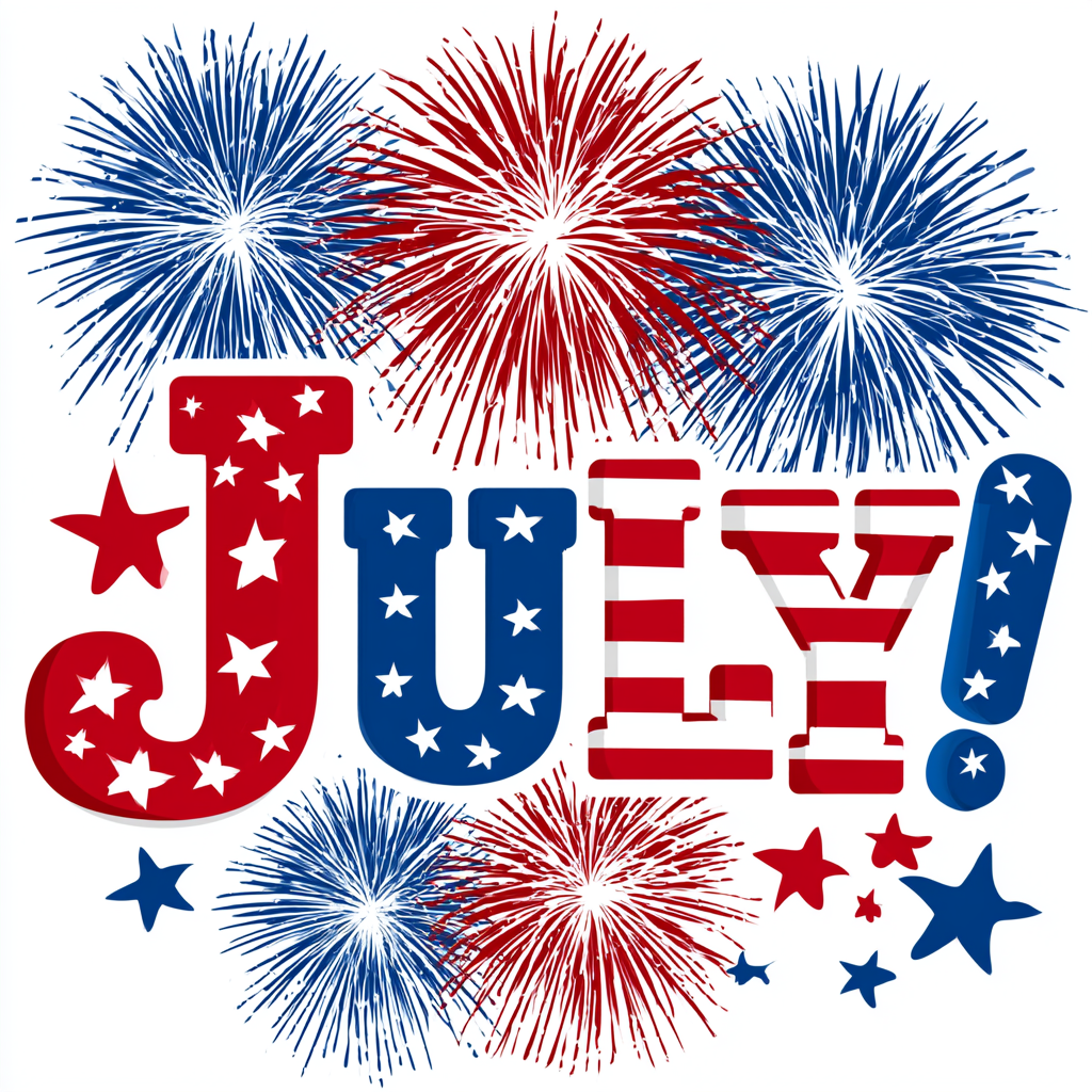 Colorful July lettering with fireworks and stars, july clipart