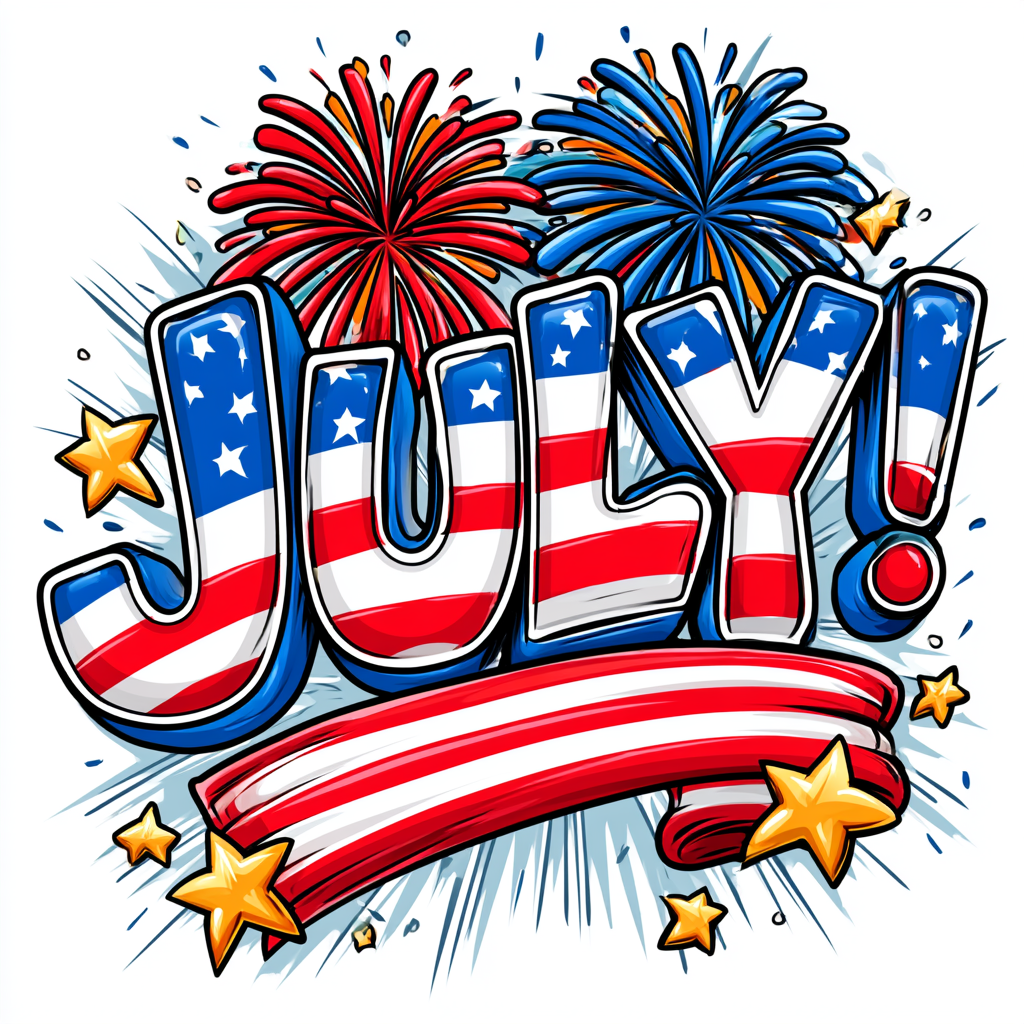Colorful July lettering with fireworks and stars, july clipart