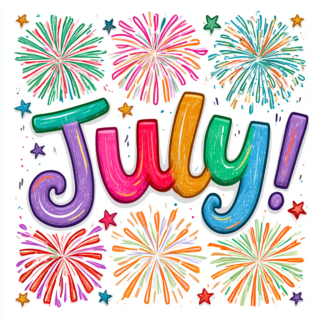Colorful July lettering with fireworks and stars, july clipart