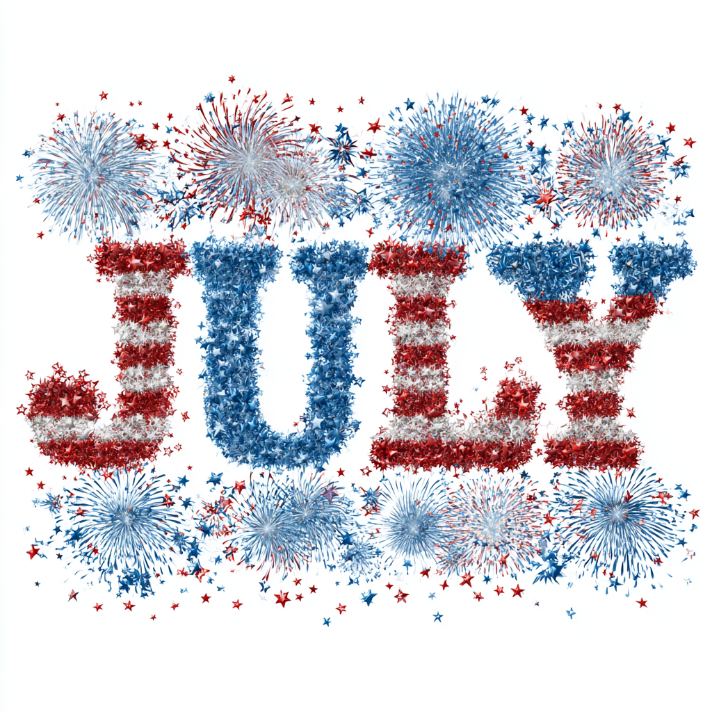 Colorful July lettering with fireworks and stars, july clipart