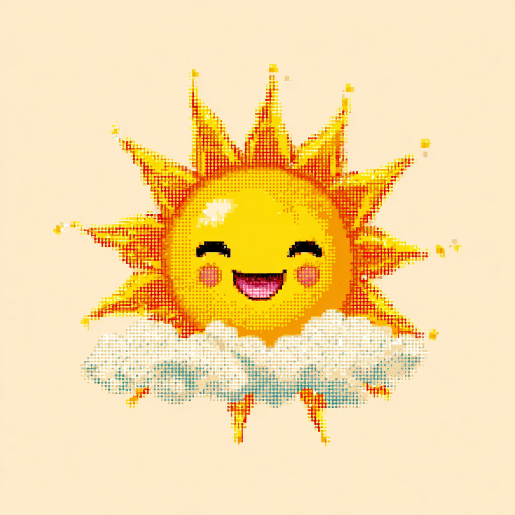 Cute sun with happy face and tiny rays, kawaii pixel clipart