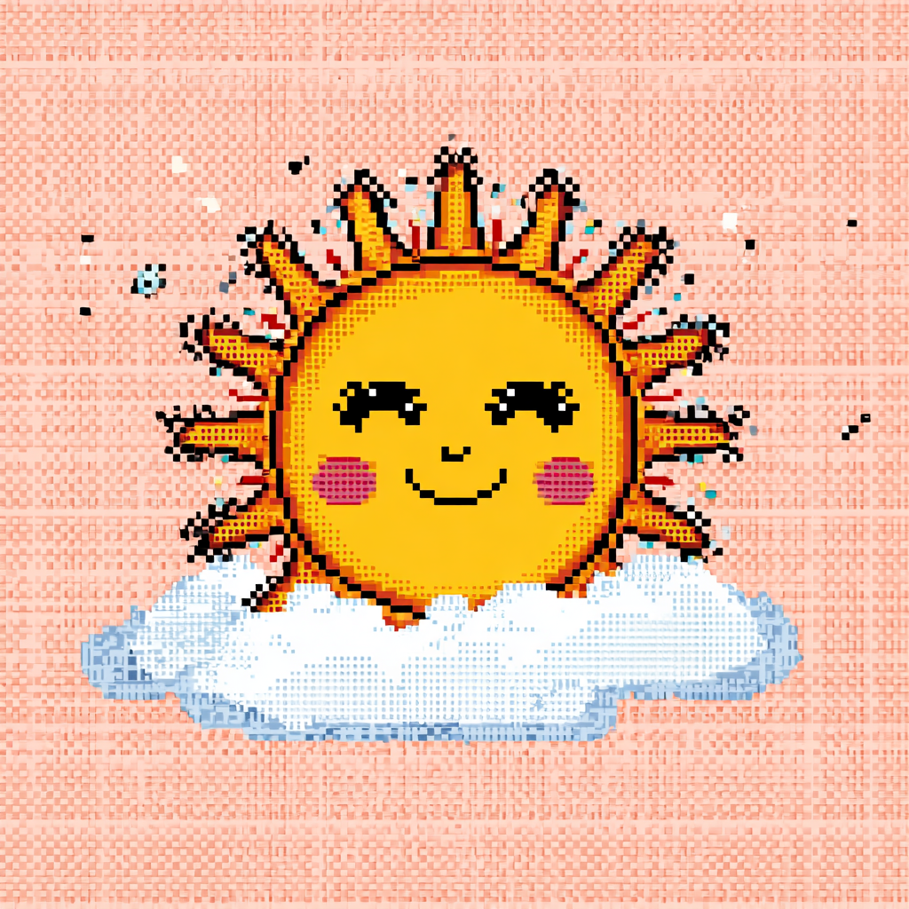 Cute sun with happy face and tiny rays, kawaii pixel clipart