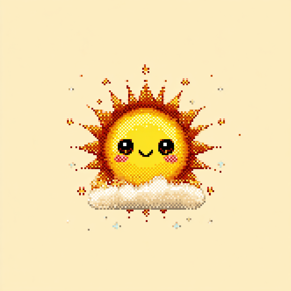 Cute sun with happy face and tiny rays, kawaii pixel clipart