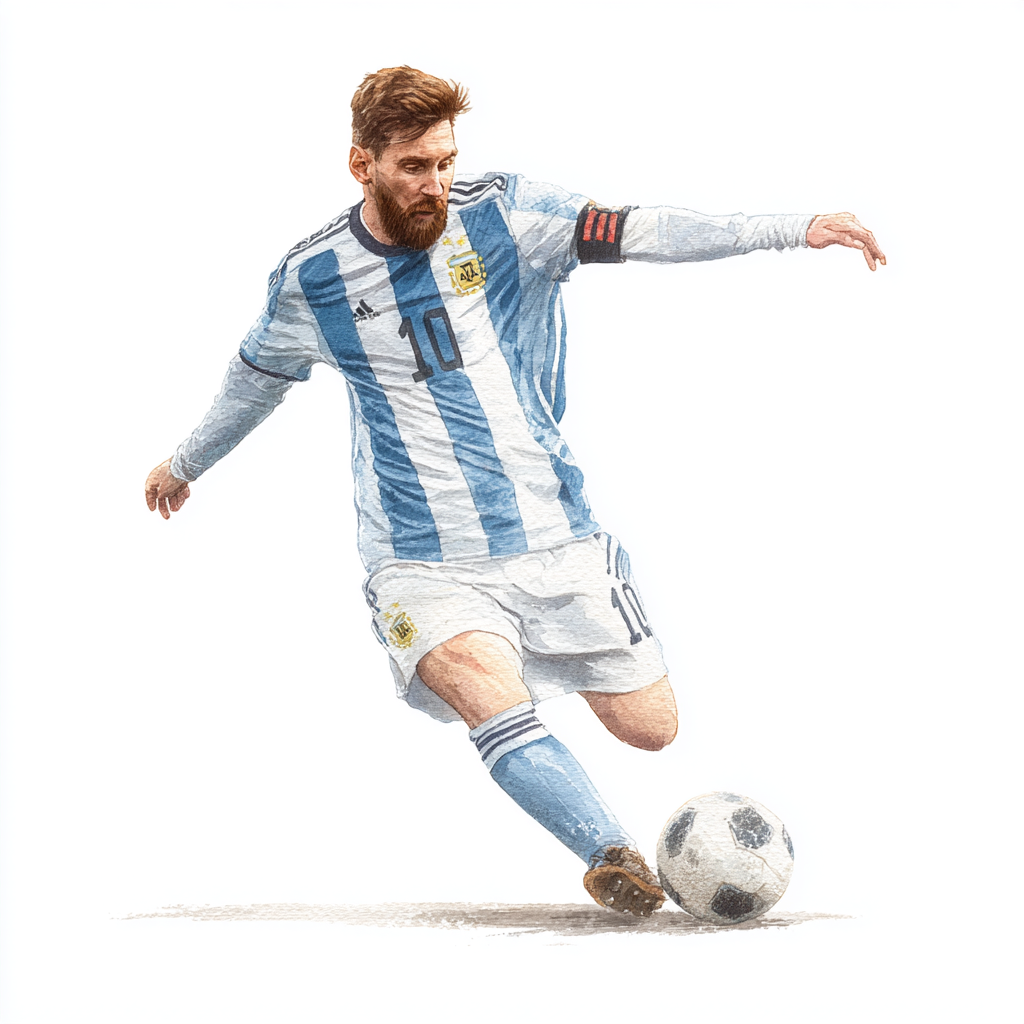 Football player watercolor style kicking ball, messi clipart