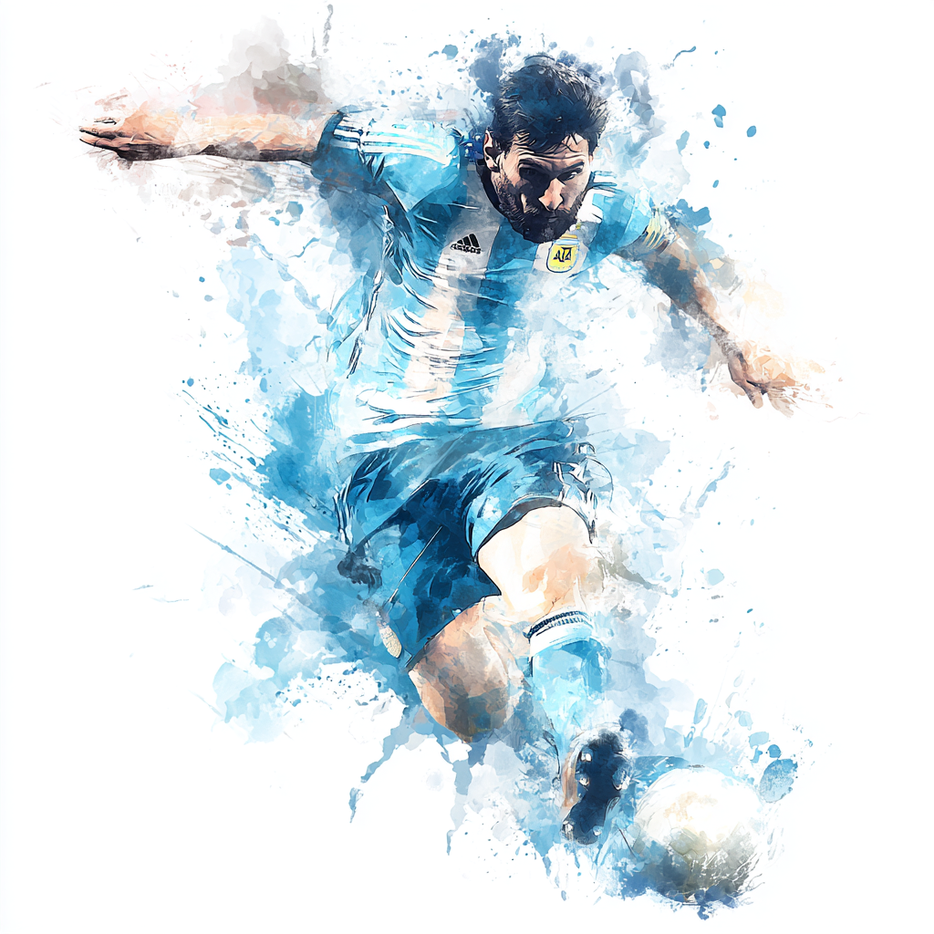 Football player watercolor style kicking ball, messi clipart