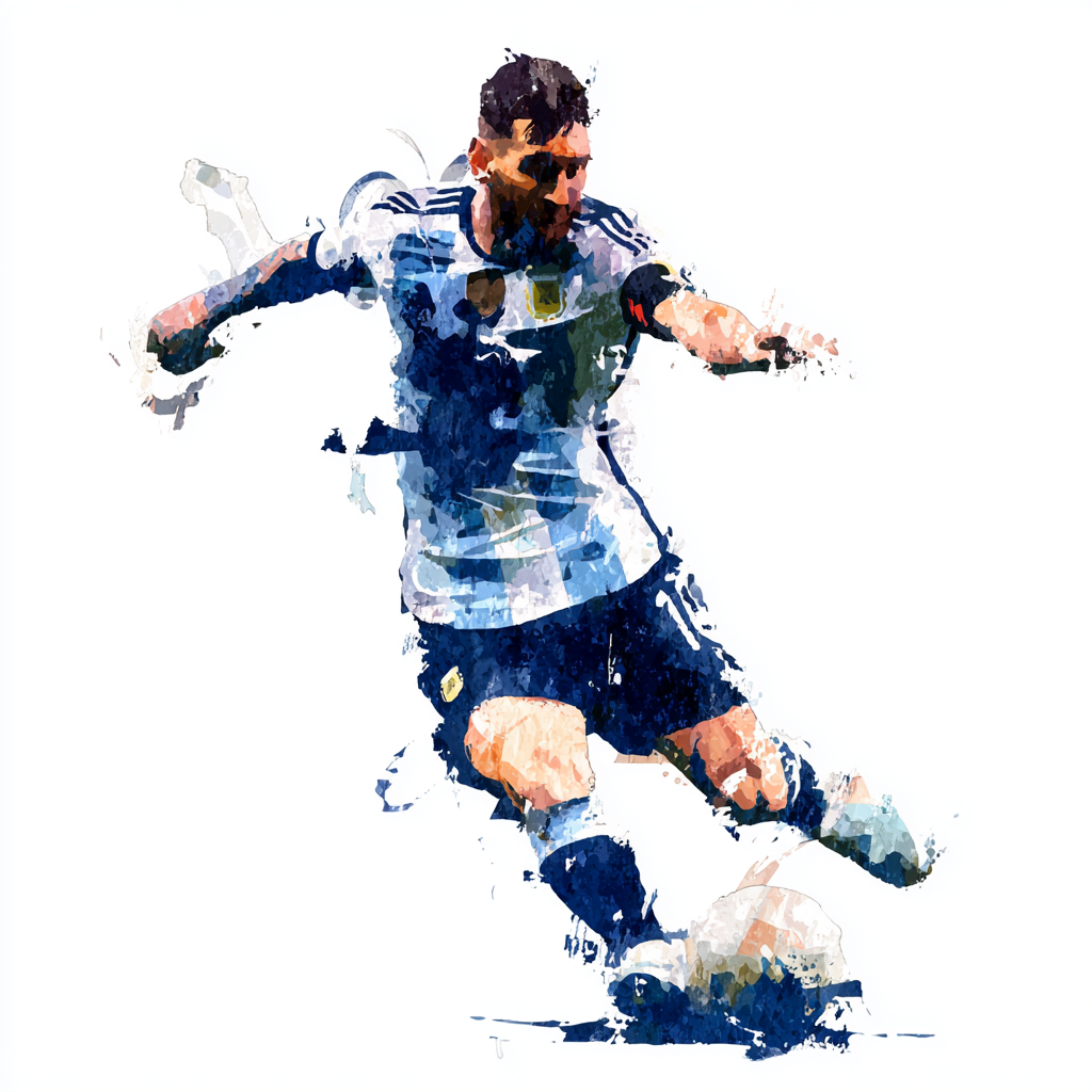 Football player watercolor style kicking ball, messi clipart