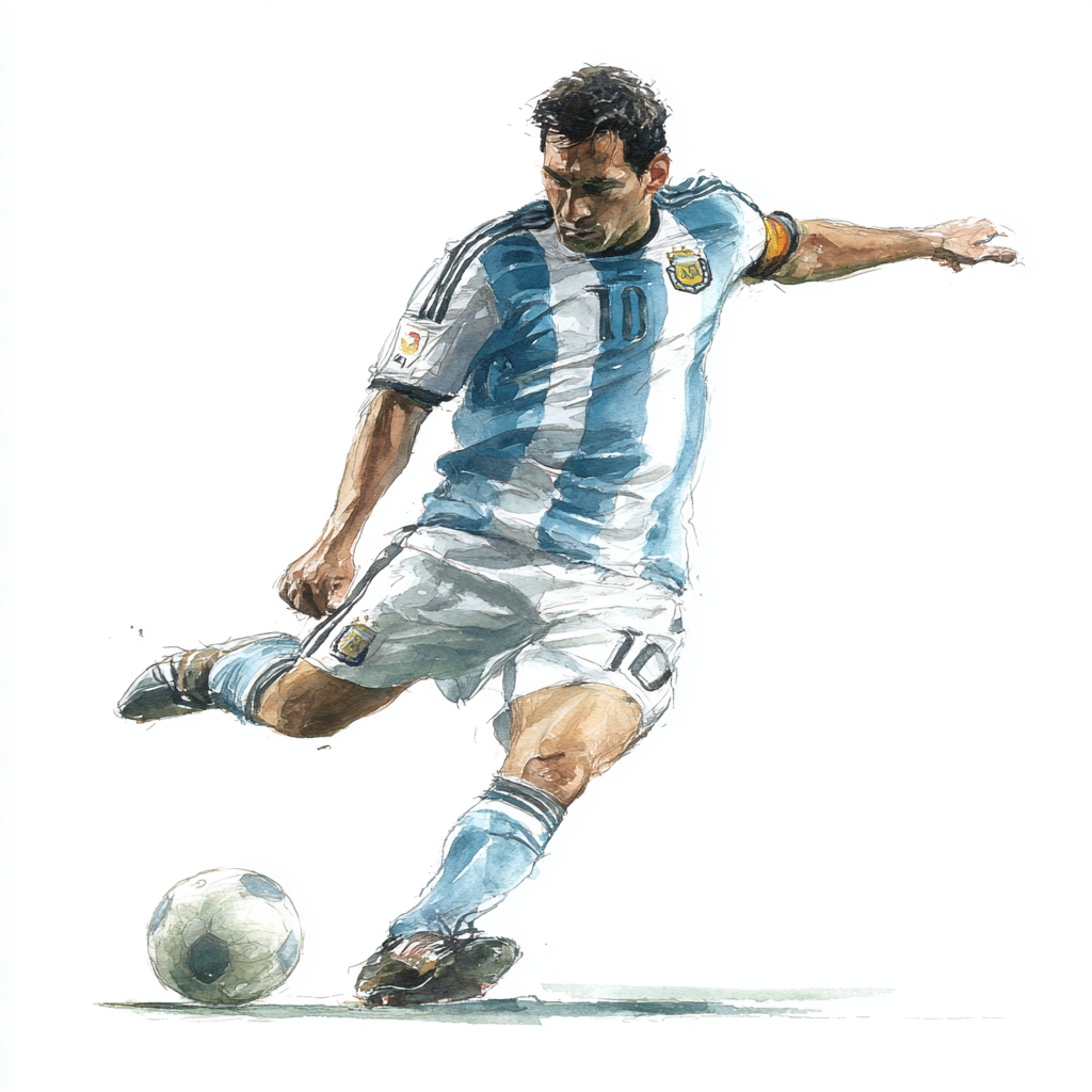 Football player watercolor style kicking ball, messi clipart