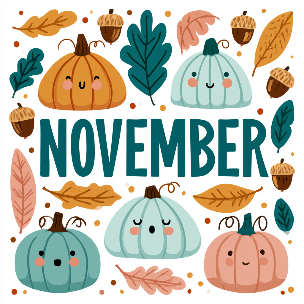 Colorful November lettering with pumpkins au, november clipart