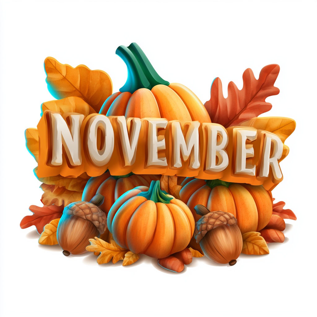 Colorful November lettering with pumpkins au, november clipart