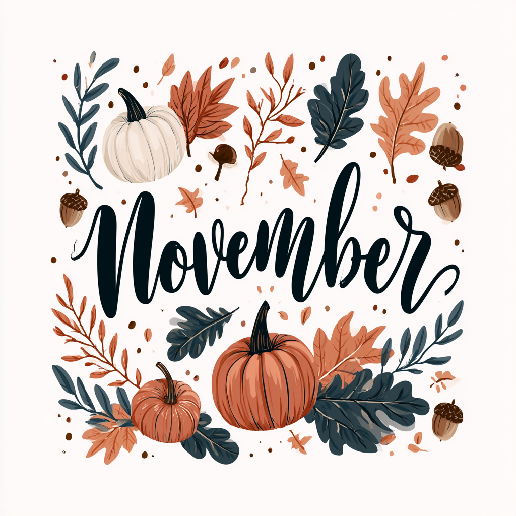 Colorful November lettering with pumpkins au, november clipart