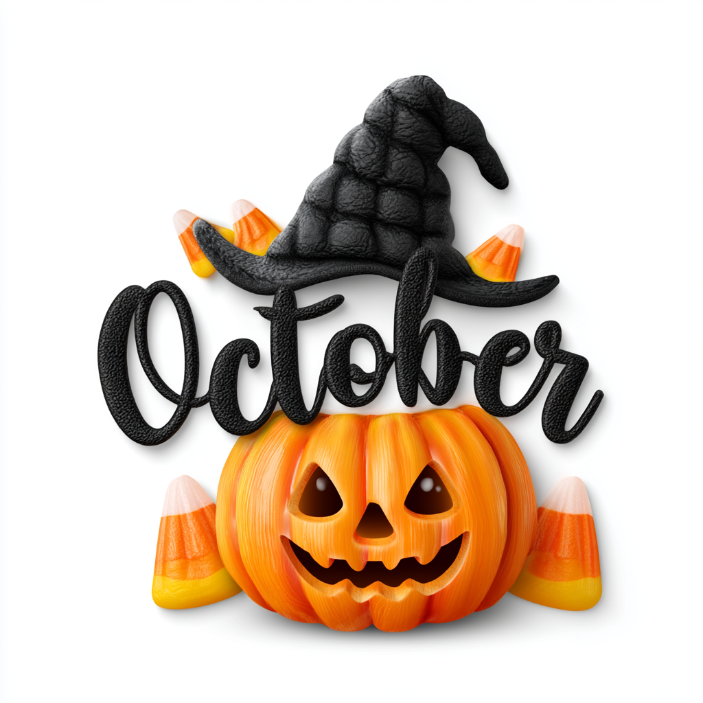 October lettering with witch hat candy corn, october clipart