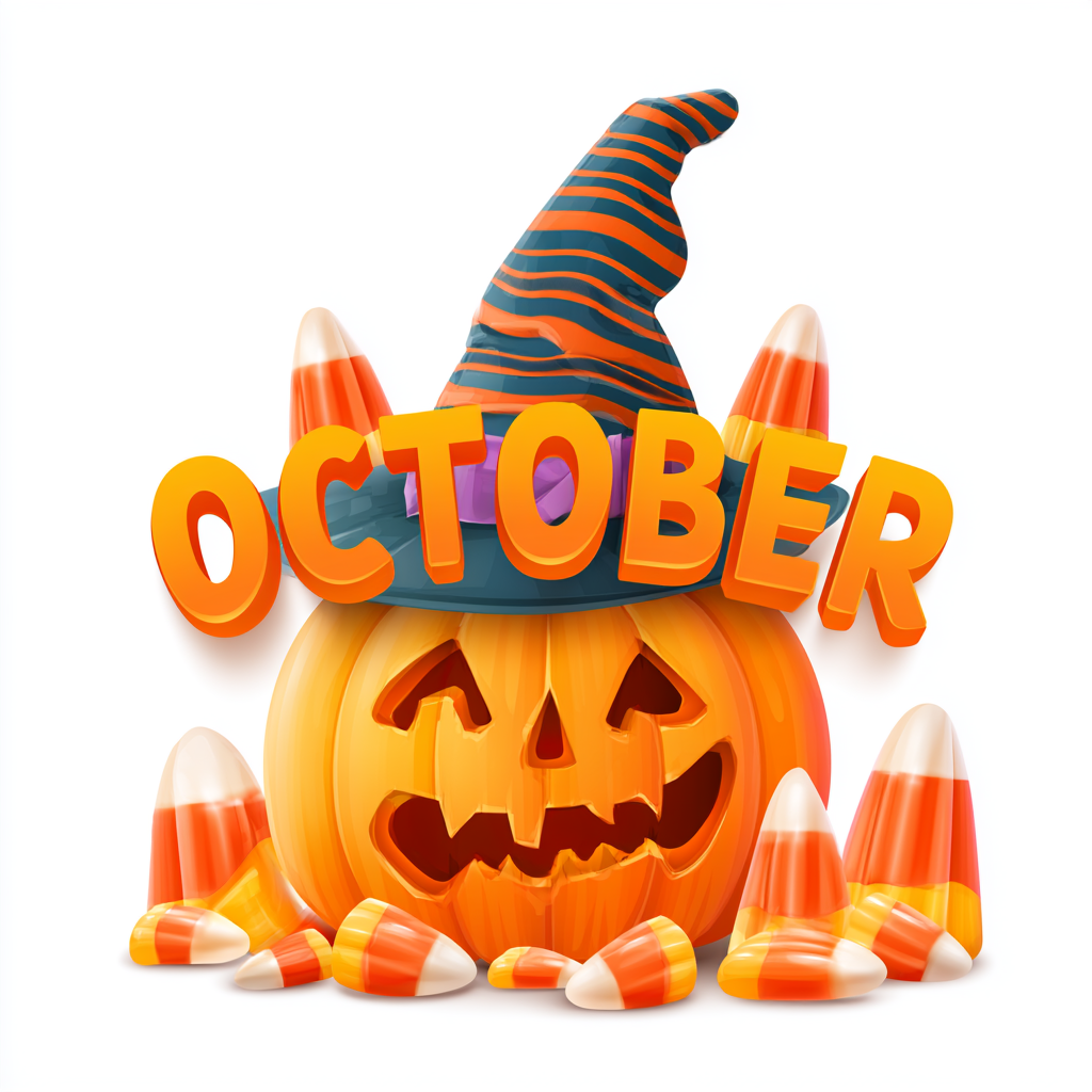 October lettering with witch hat candy corn, october clipart
