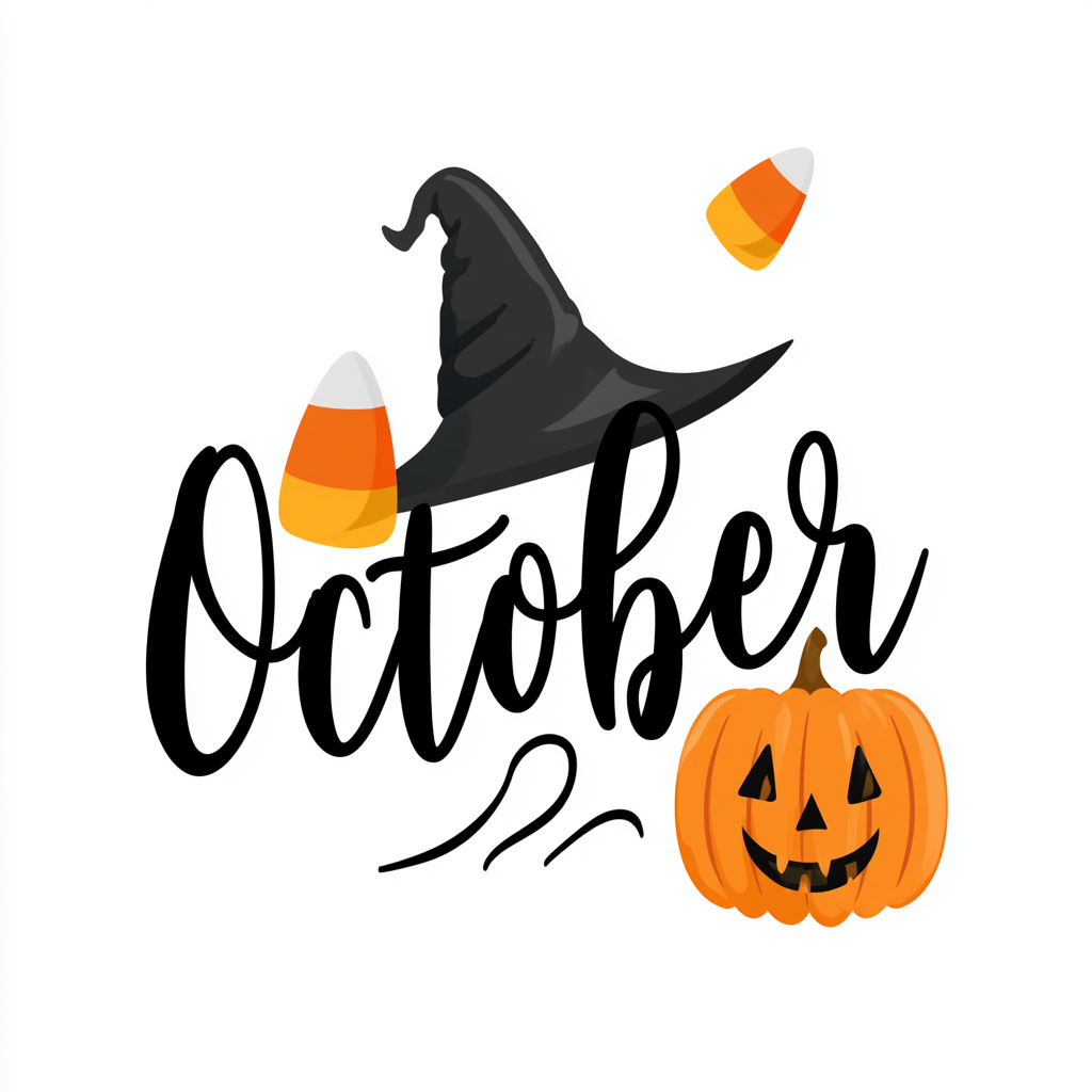 October lettering with witch hat candy corn, october clipart