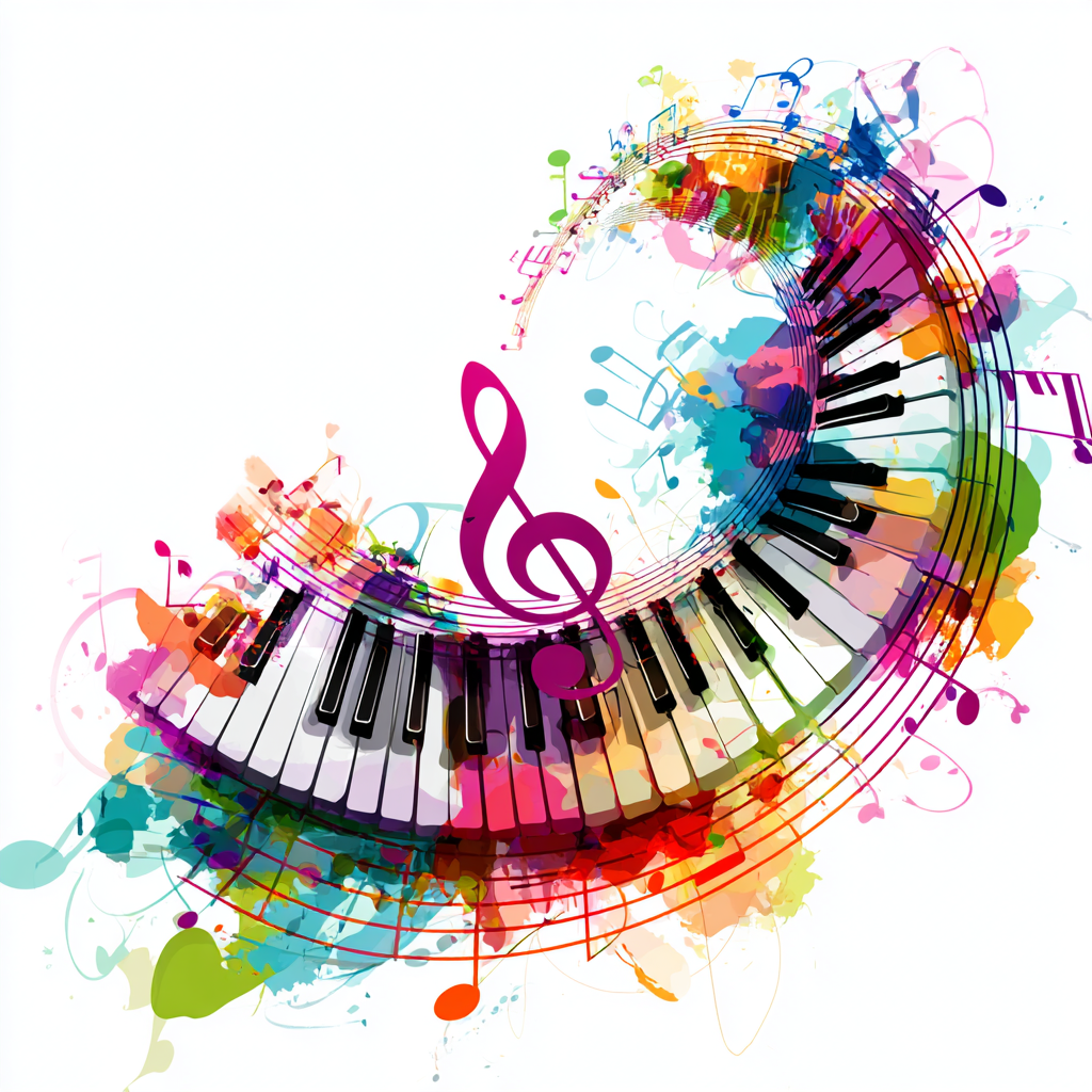 Piano keys with colorful music notes clean vect, piano clipart