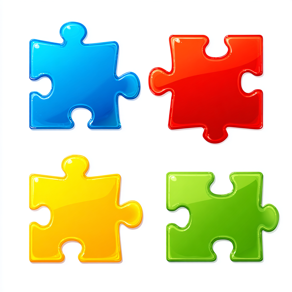 Four colorful puzzle pieces in red blue green, puzzle clipart