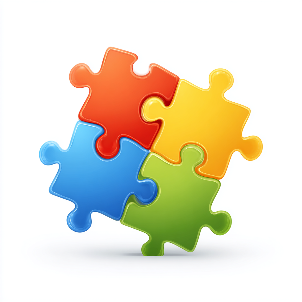 Four colorful puzzle pieces in red blue green, puzzle clipart
