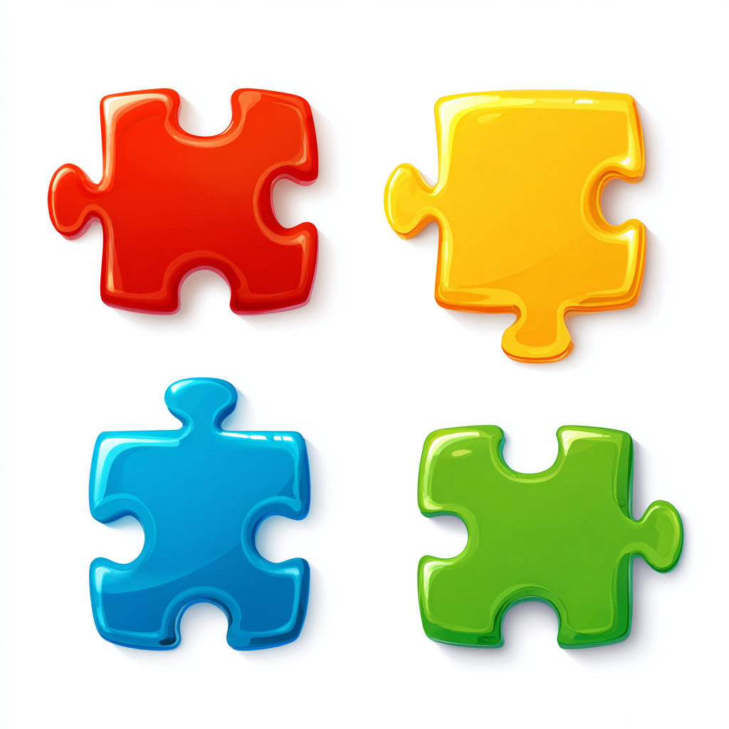 Four colorful puzzle pieces in red blue green, puzzle clipart