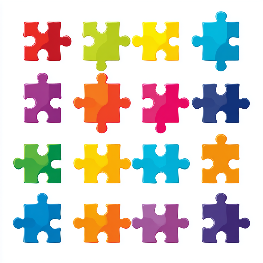 Jigsaw puzzle piece set with bright colors fla, puzzle clipart