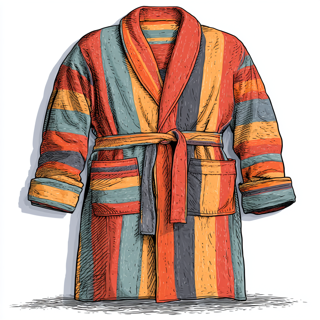 Colorful striped bathrobe with pockets and belt, robe clipart