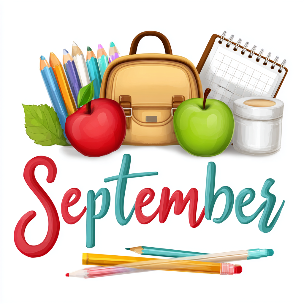 Colorful september lettering with school su, september clipart