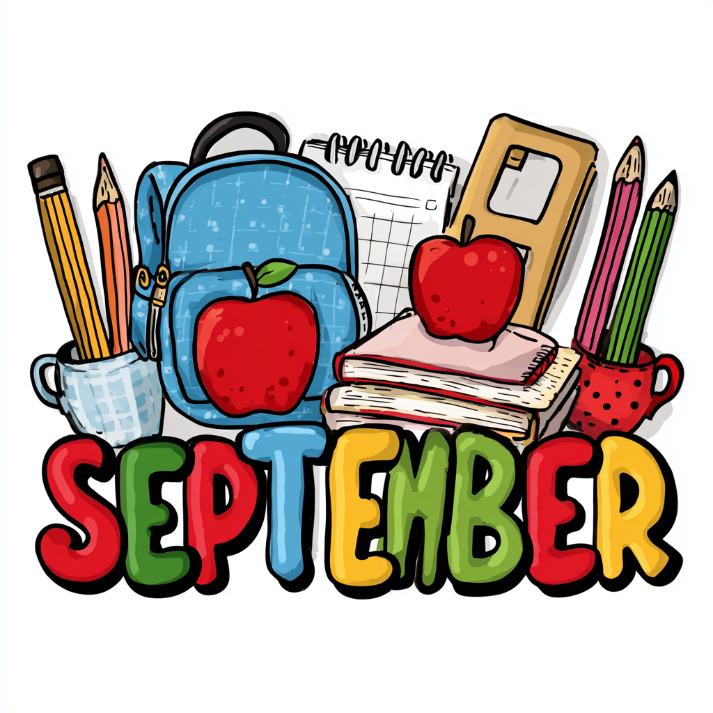 Colorful september lettering with school su, september clipart