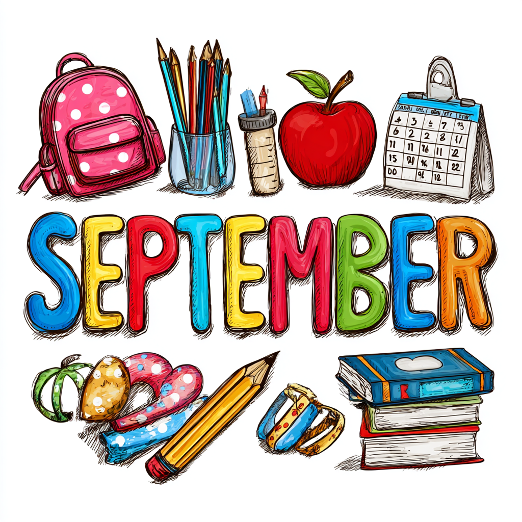 Colorful september lettering with school su, september clipart