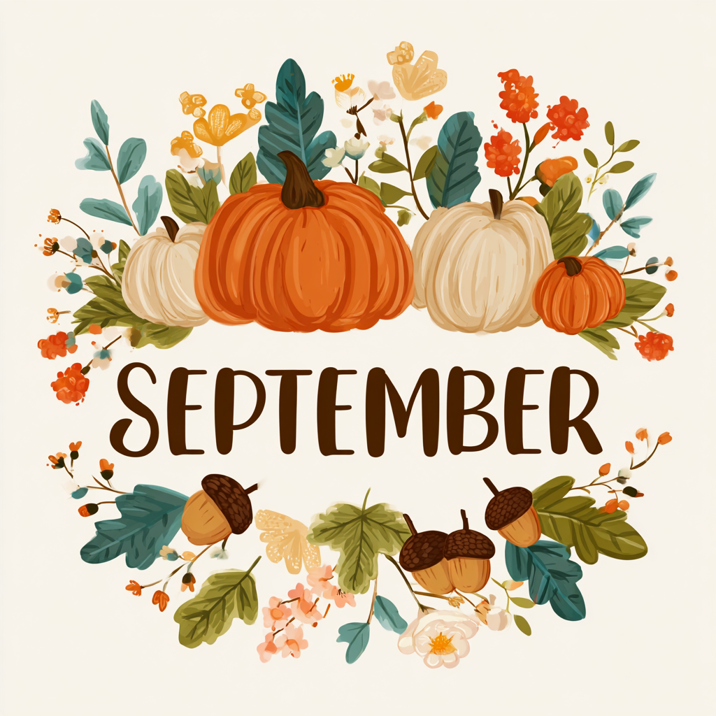 September month word art with pumpkins acor, september clipart