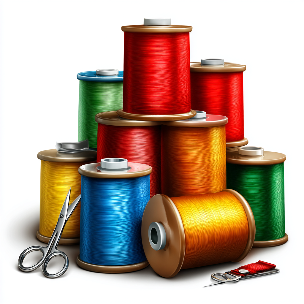 Colorful thread spools with needle and scissor, sewing clipart