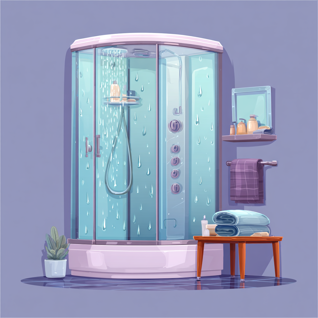 Shower cabin with glass door and water drops, shower clipart